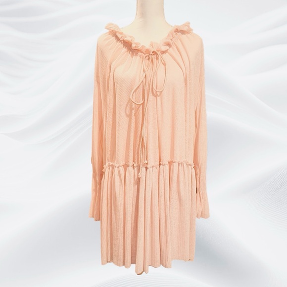 See by Chloe Pink Ruffled Ribbed Chiffon Lightweight Midi Dress‎ Small oversized - Picture 1 of 11